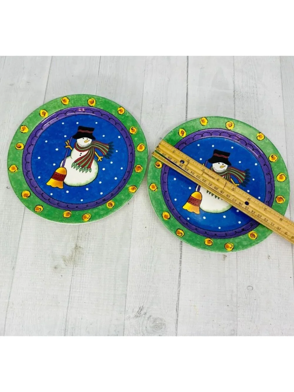 Sango Sue Zipkin SWEET SHOPPE CHRISTMAS Green Snowman Salad Lunch Plates Set 4